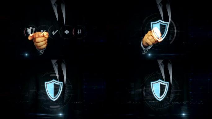 带有网络屏蔽全息图的商人触摸屏