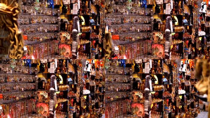 埃及纪念品商店为游客在旧城市场夜间