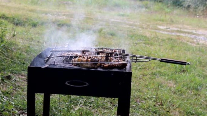烤肉串在金属串上烹饪。烤肉在烧烤时煮熟。传统的东方菜，烤肉串。木炭和火焰烧烤，野餐，街头小吃。户外射