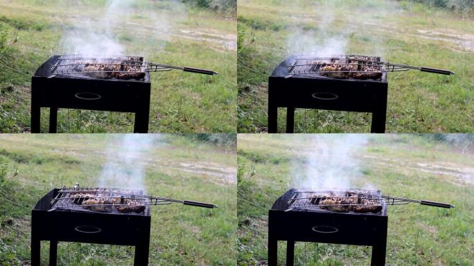 烤肉串在金属串上烹饪。烤肉在烧烤时煮熟。传统的东方菜，烤肉串。木炭和火焰烧烤，野餐，街头小吃。户外射