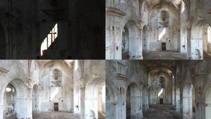 废弃和损坏的教堂的内部视图