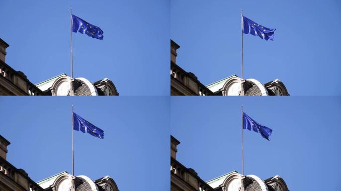 罗汉宫顶上飘扬着欧盟旗帜