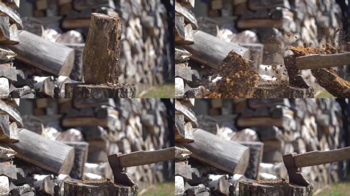 伐木工人用斧头在慢动作中砍柴