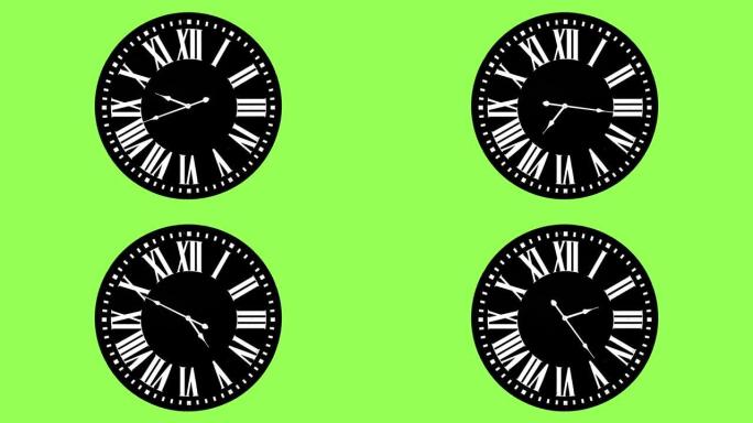 时钟指针就像人类的生命一样继续前进-在绿色屏幕上的半天相反