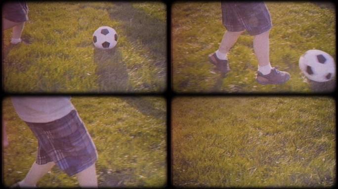 踢足球的男孩。家庭视频。