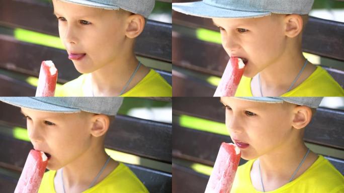 一个六岁的孩子吃冰淇淋。