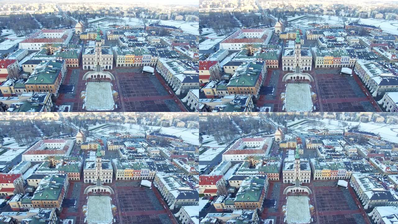 小镇的冬季空中无人机视图