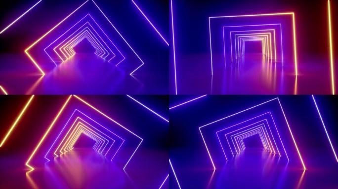 围绕霓虹灯隧道旋转，紫罗兰色粉红光，移动时尚讲台，抽象背景，旋转框架，虚拟现实，发光线条，无缝动画