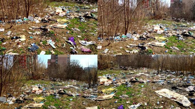 森林里很多垃圾掉在地上。环境污染问题。塑料和垃圾对环境的污染。