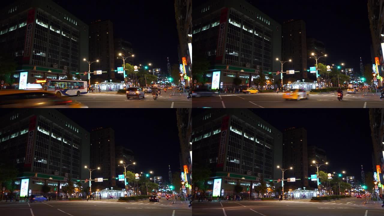 夜光照亮台北市交通街道十字路口全景4k台湾