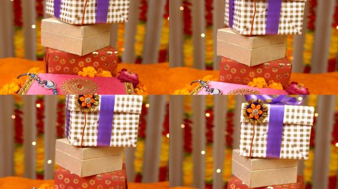不同的Raksha Bandhan物品放在一起，顶部有一个美丽的rakhi