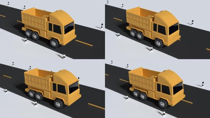 黄色卡车玩具卡通风格在路上行驶3d渲染运动