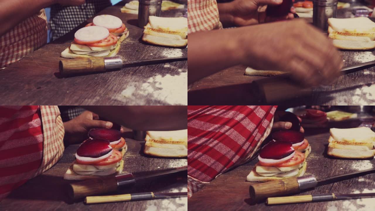 孟买街头食品小贩制作蔬菜三明治