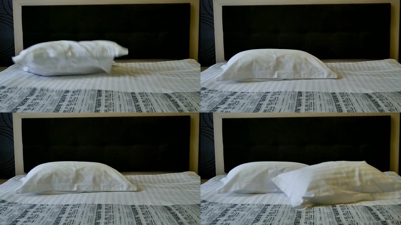 准备酒店房间。清洁新鲜的床单和枕套。换床。酒店服务。