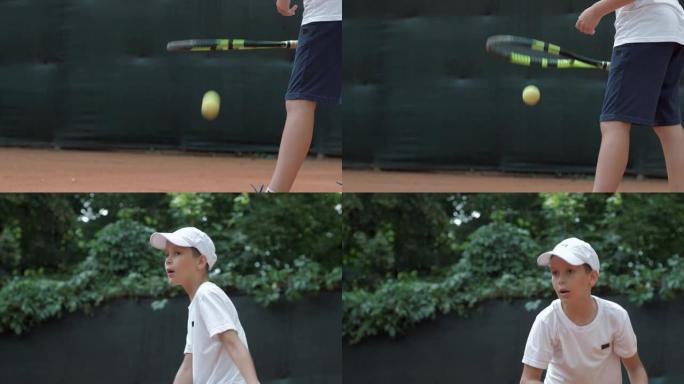 打网球时，职业男孩网球运动员在球场上用球拍将球抛向空中并击打