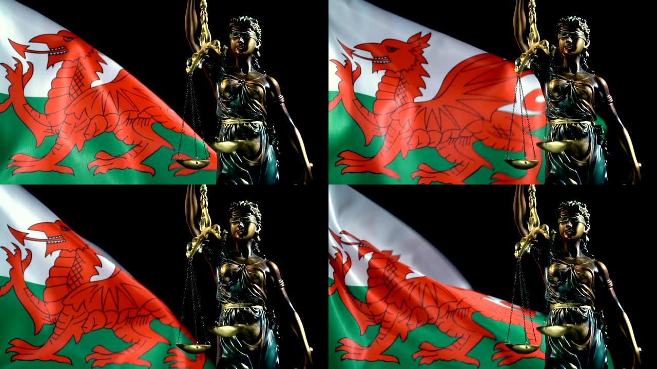 有威尔士旗的正义雕像