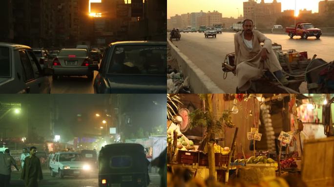 埃及首都开罗傍晚夜景人流车流商贩路人