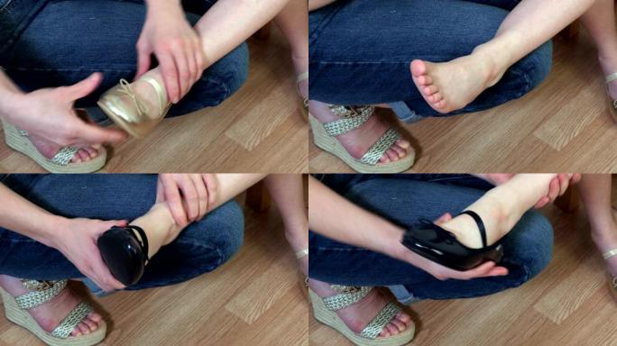 母亲帮助女儿试穿鞋子