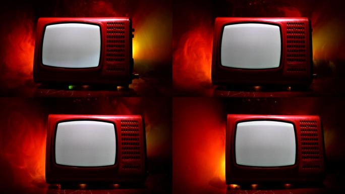 老式红色电视，深色有雾背景下有白噪声。复古旧电视接收器无信号。选择性聚焦