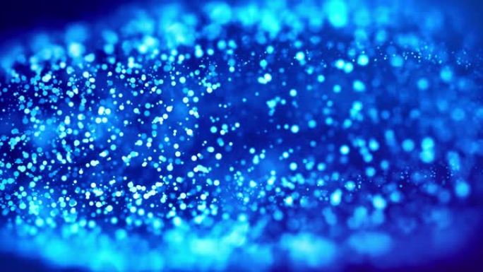 神奇的蓝色发光颗粒在粘性液体和明亮的闪闪发光中流动。科幻小说。4k 3d科幻背景，具有闪闪发光的粒子