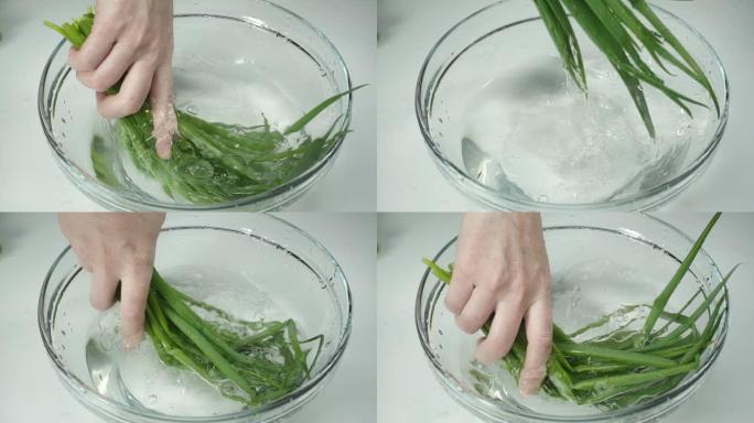女人手里拿着葱，慢动作。女手在玻璃碗水中洗一束葱