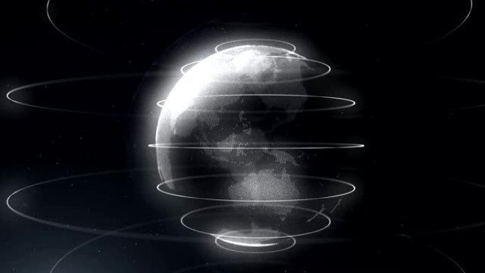 白色抽象球体。用线连接白点。全球化界面。行星在中心循环。特写。移动blicks。愤怒的背景。4K。