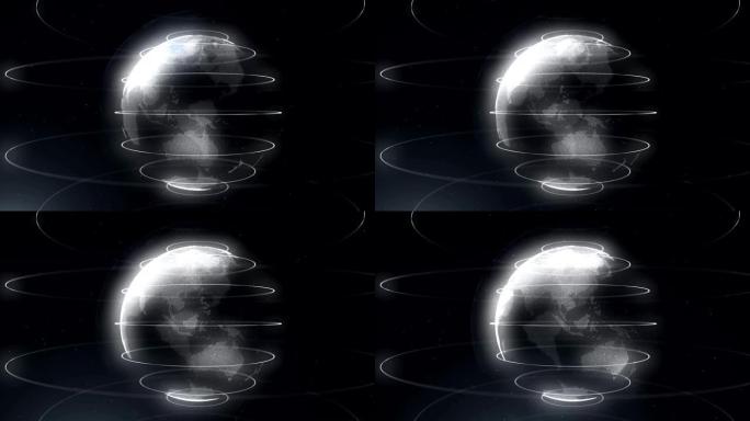 白色抽象球体。用线连接白点。全球化界面。行星在中心循环。特写。移动blicks。愤怒的背景。4K。