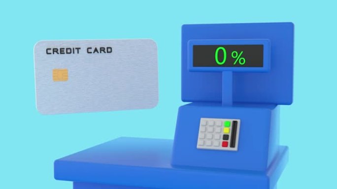 蓝色场景收银机卡通风格3d渲染显示0% 和信用卡业务概念