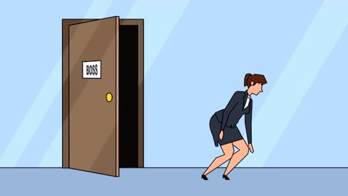 平面卡通女商人女孩角色愤怒的老板踢门商业概念动画