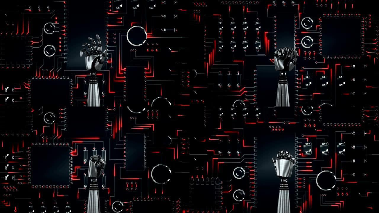 机器人手和发光红色电路板