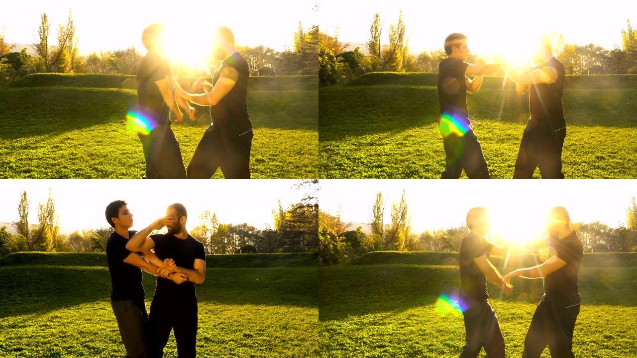 公园里两名男子练习咏春拳的武术
