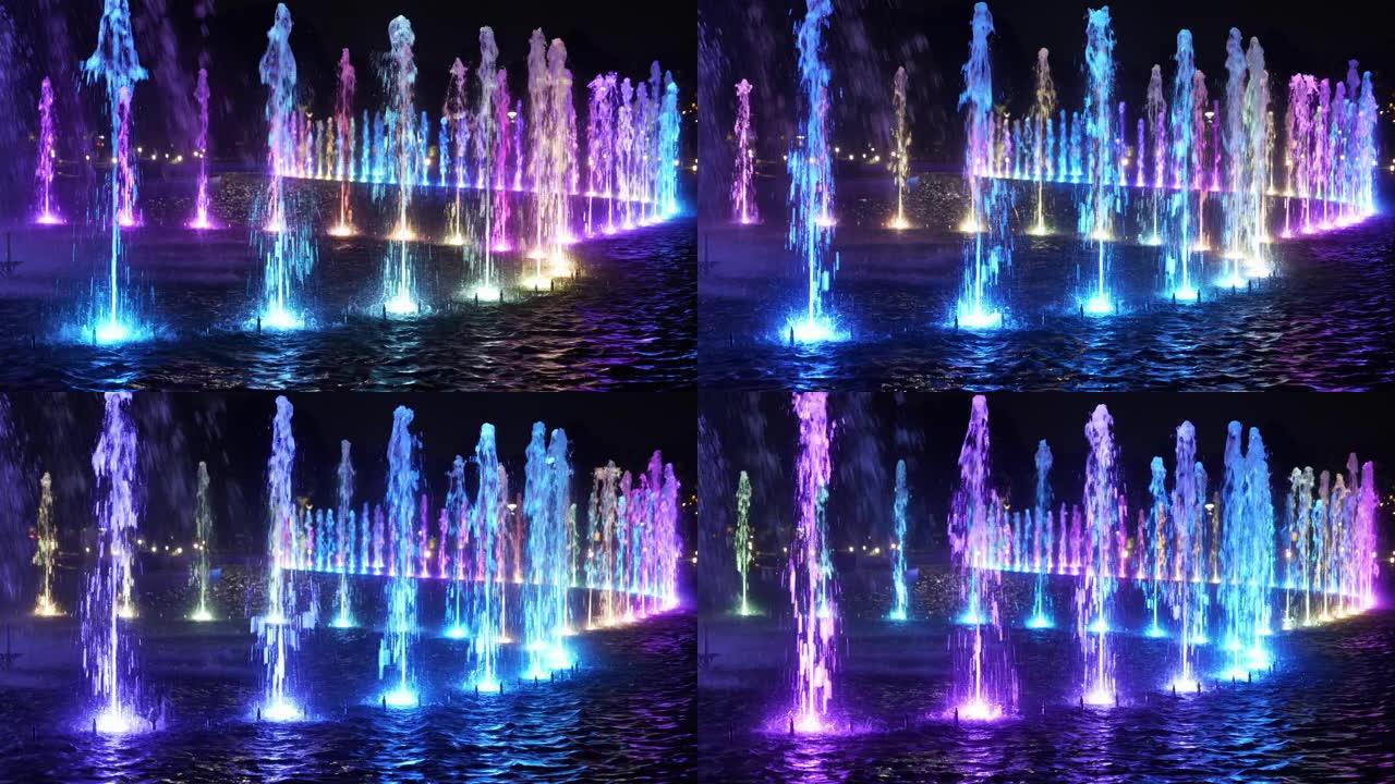 夜间喷泉七彩灯