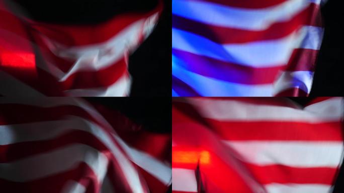 美国国旗在警察的闪光中闪耀