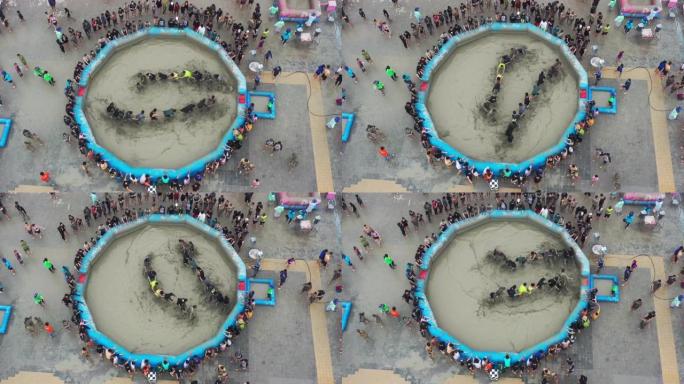 鸟瞰图佛博宁泥节2019在博宁市大川海滩，韩国是韩国夏季著名的海滩目的地