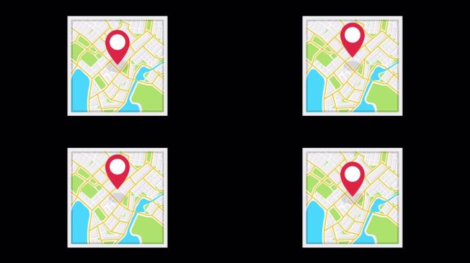 导航地图和红色检查点图标。带有alpha通道的循环动画。4k分辨率。
