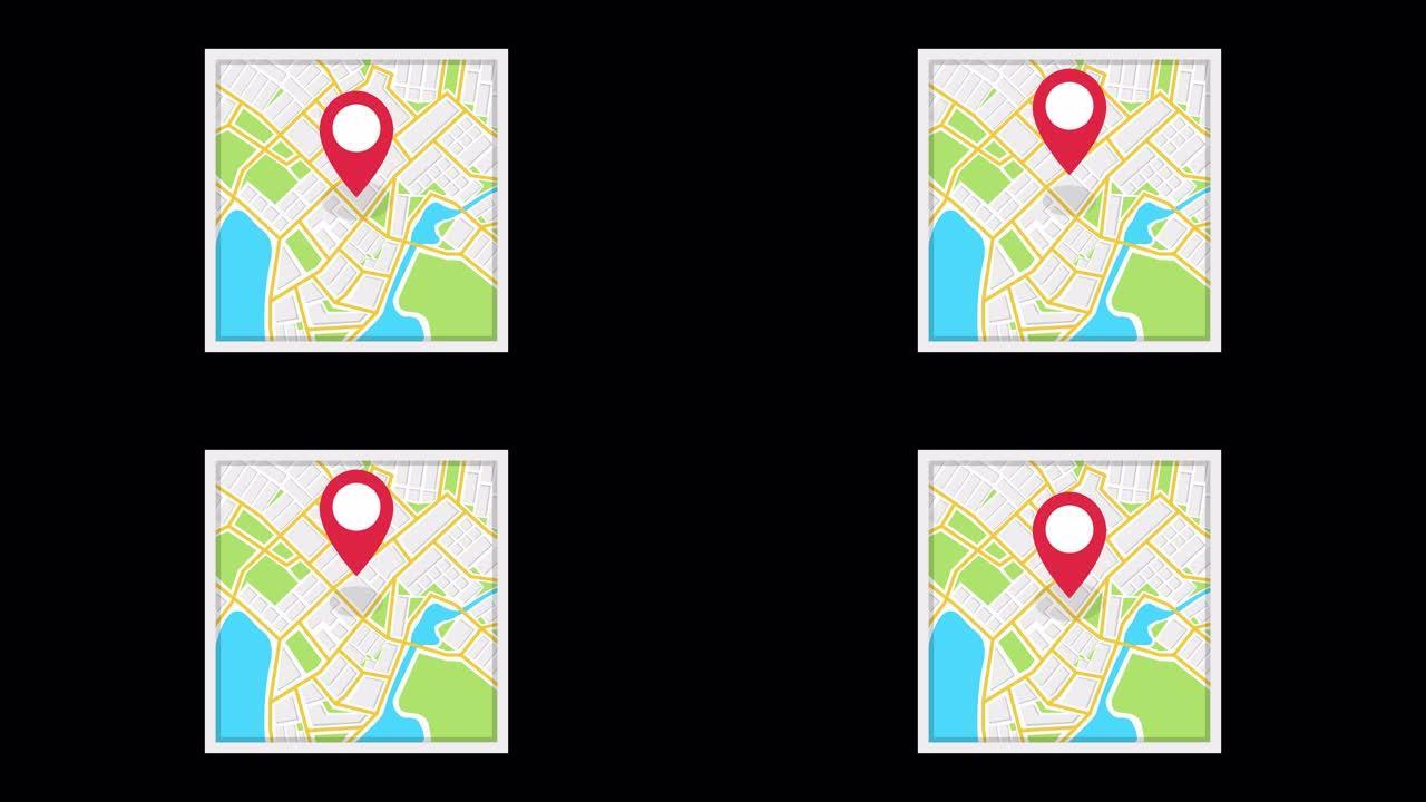 导航地图和红色检查点图标。带有alpha通道的循环动画。4k分辨率。