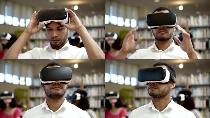 认真的非洲裔美国男子正在体验新的VR眼镜