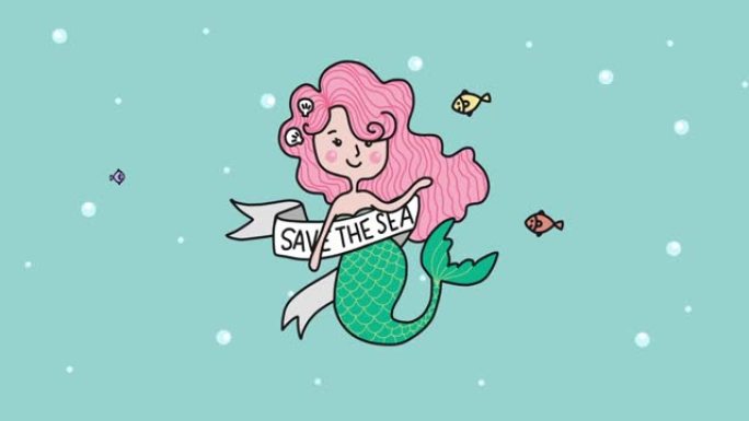美人鱼拯救海洋卡通矢量插图涂鸦风格