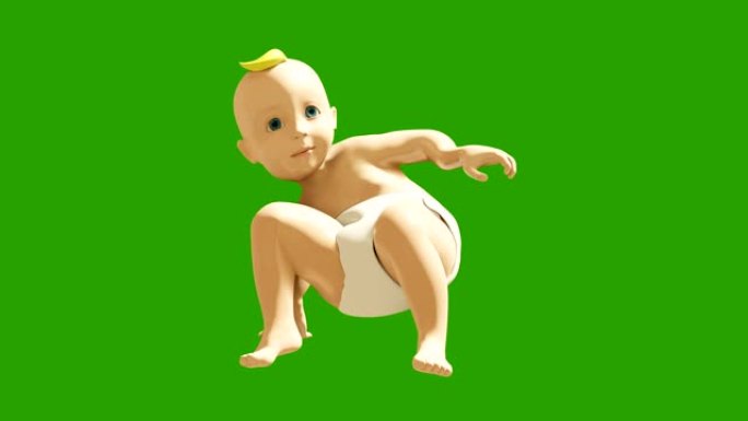 一个小孩在绿屏上跳舞。小型跳舞儿童的3D渲染动画。循环背景。