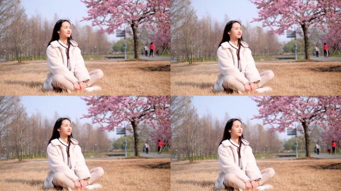 穿着白大褂的美丽中国年轻女子坐在粉红色樱花树背景的草地上，享受微风吹拂黑色长发，春天的美丽，4k，慢