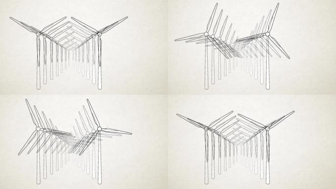 风力涡轮机-昼夜彩色领域的风能转换器，黑白风格-视频动画