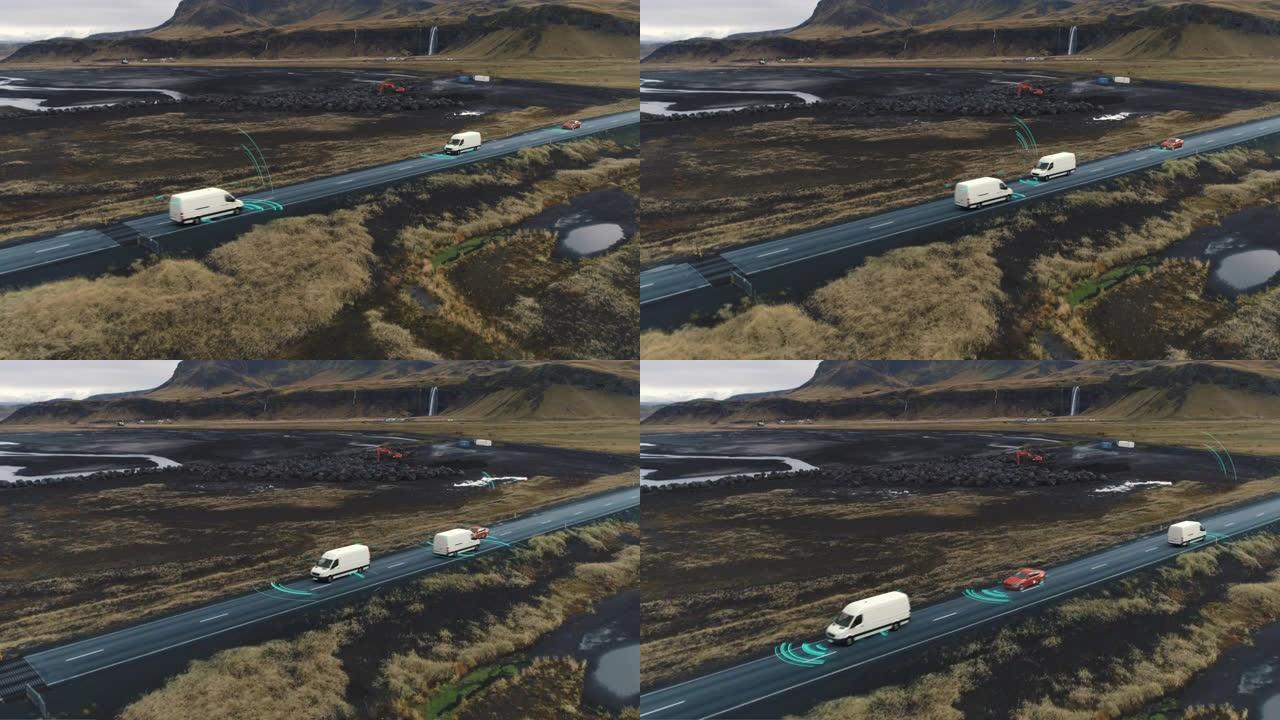 自动驾驶电动汽车在高速公路上行驶，带有技术助手跟踪信息，显示详细信息。视觉效果剪辑