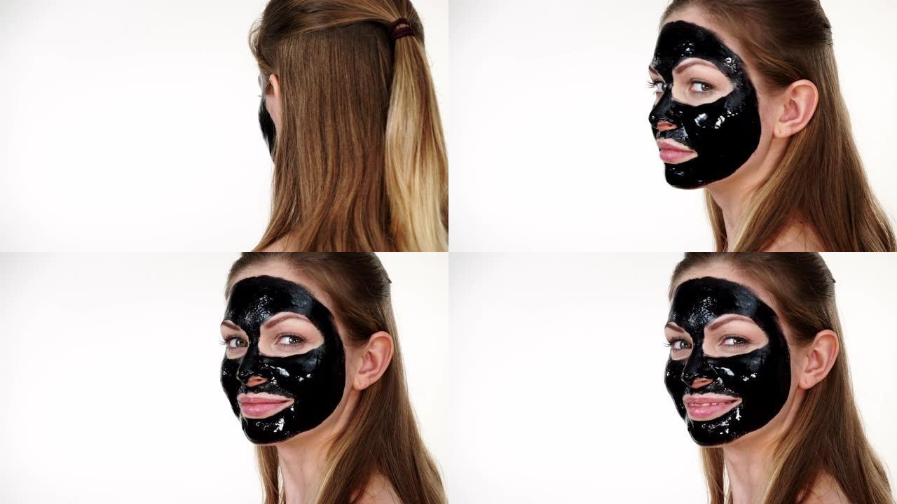 脸上戴着黑色碳素剥离面具的女孩