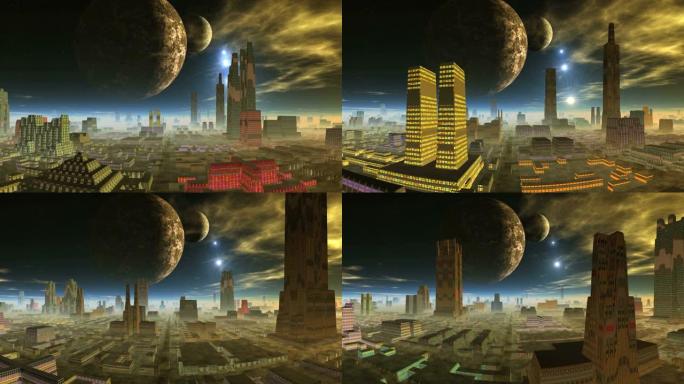 外星城市上空的两颗行星和流星