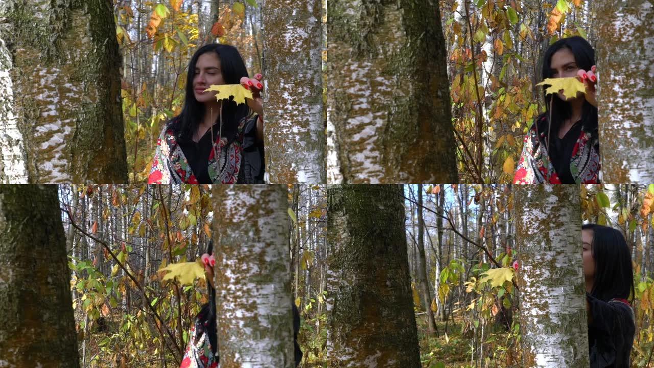 森林里一头黑发的女孩。