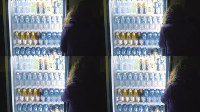 从穿着紫色外套的年轻女子的后面看，从自动售货机上选择饮料。库存镜头。饮料自动售货机出售瓶装水