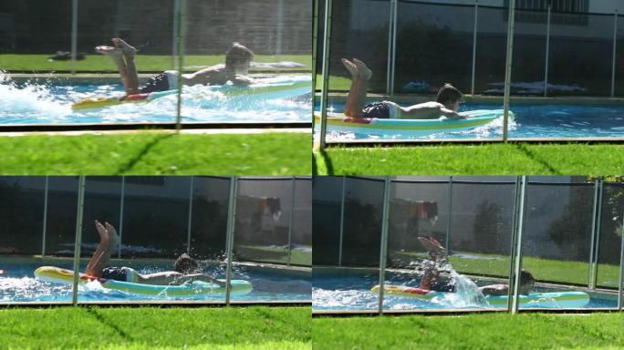 孩子在游泳池玩得开心，跳到充气床垫上