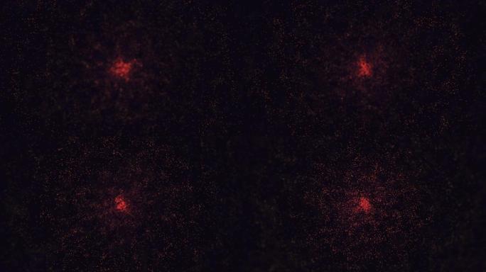 散景彭定康，黑色背景上漂浮着红色的小火花。动画。抽象粒子，小点形成一个环，从边缘移动到中心