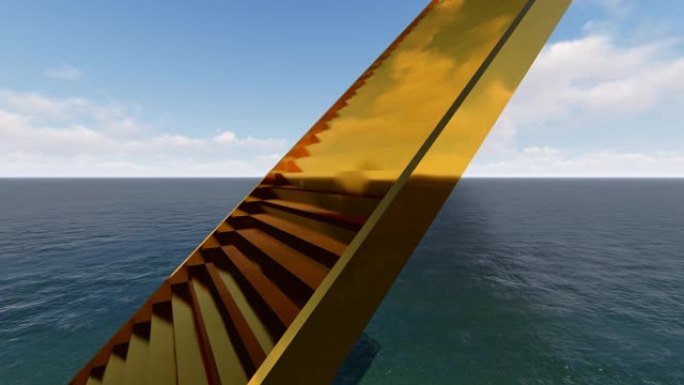 无尽的金色楼梯3d循环动画。抽象的天堂阶梯概念。超现实的道路与现实的大海和白云背景视频。黄色金属台阶