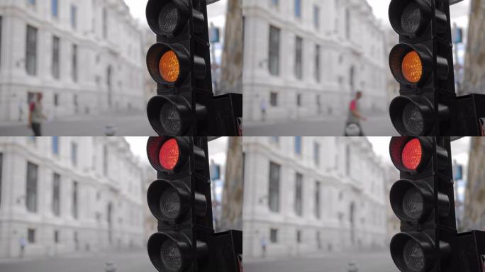 法国巴黎-2018年8月: 切换不同颜色的交通灯。特写。慢动作